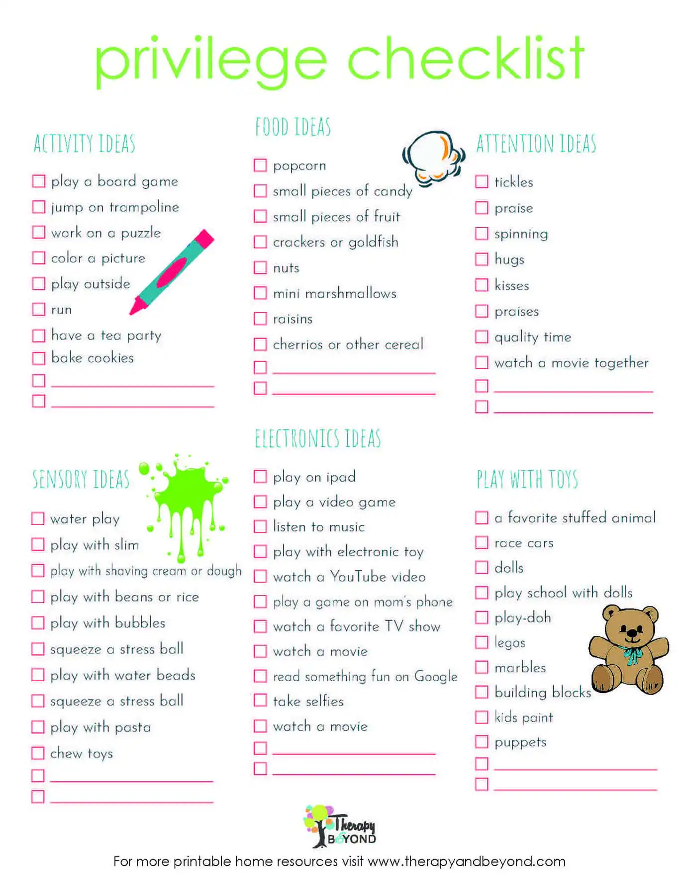 Privilege checklist printable activity worksheet for children by Therapy & Beyond