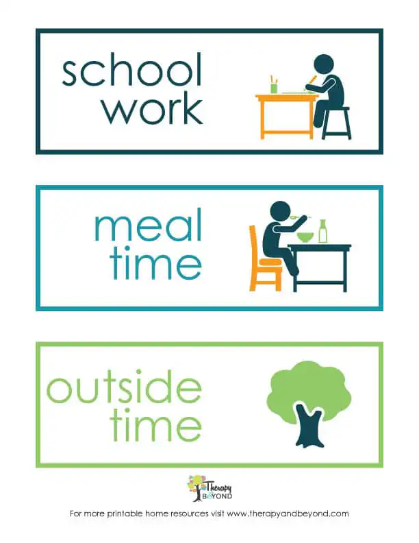 School work, meal time, and outside time visual schedule cards for children by Therapy & Beyond
