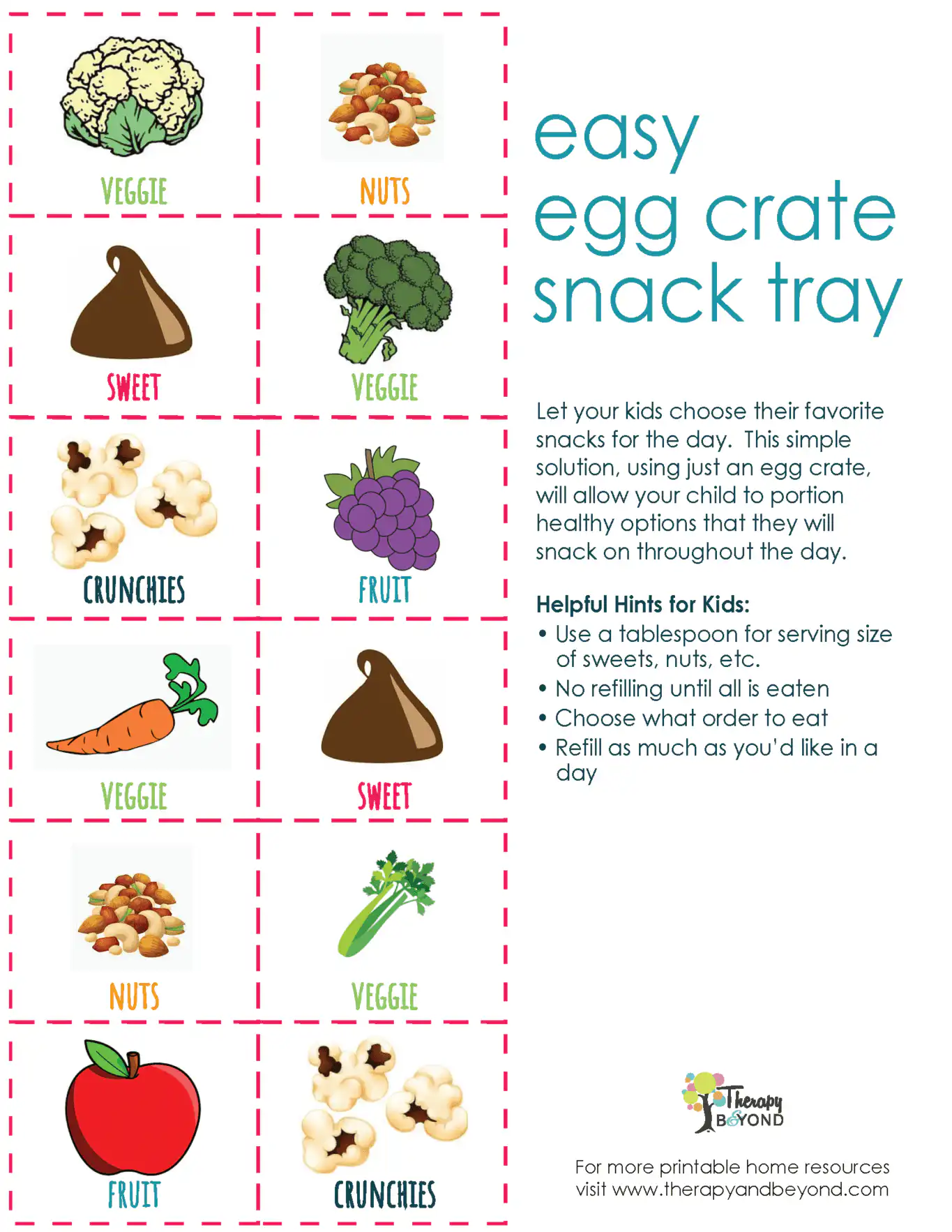 Easy egg crate snack tray printable for kids with labeled fruit, vegetable, nut, sweet, and crunchy snack choices by Therapy & Beyond