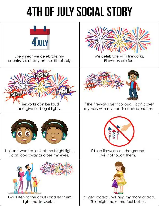 4th of July social story worksheet for children about fireworks safety by Therapy & Beyond