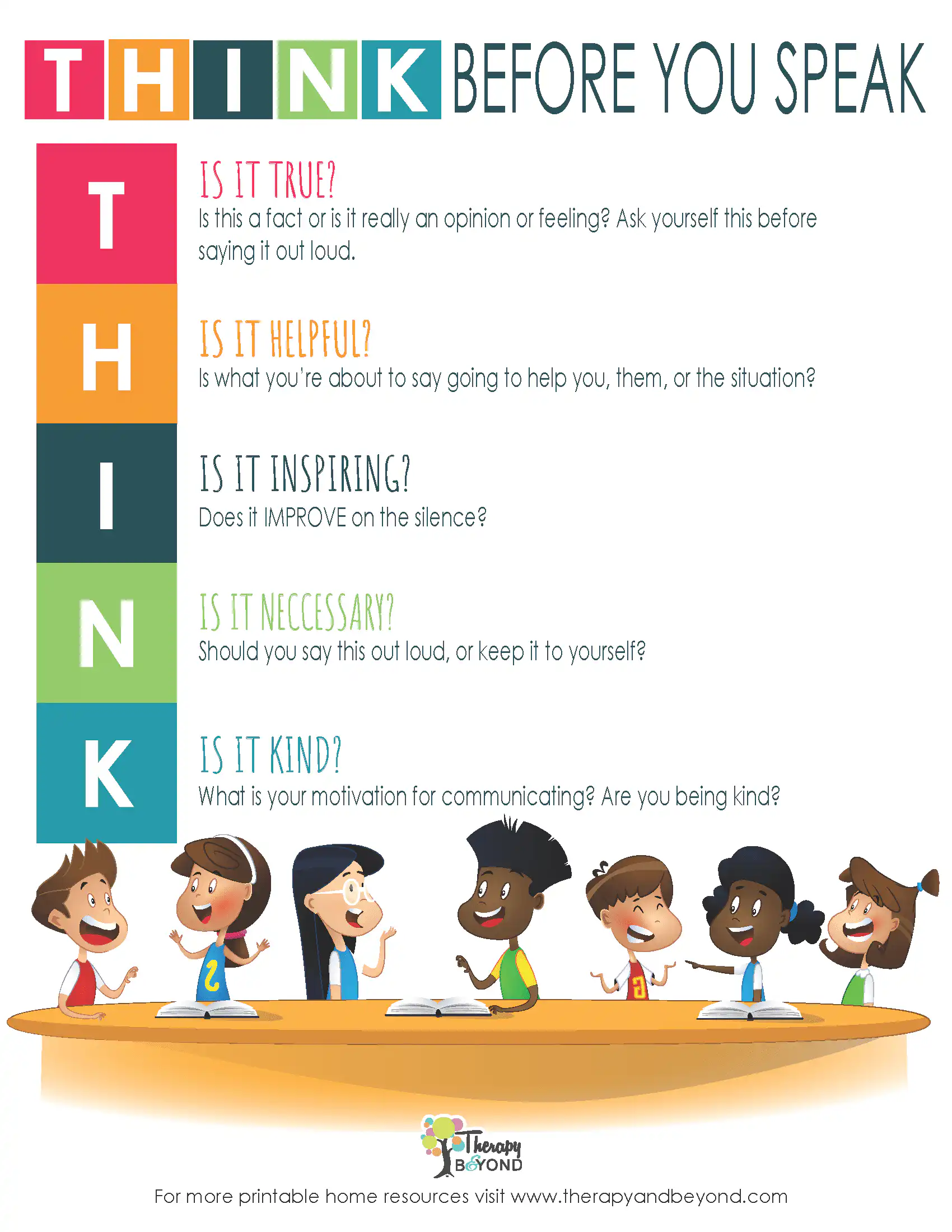 Think before you speak social communication worksheet for children by Therapy & Beyond