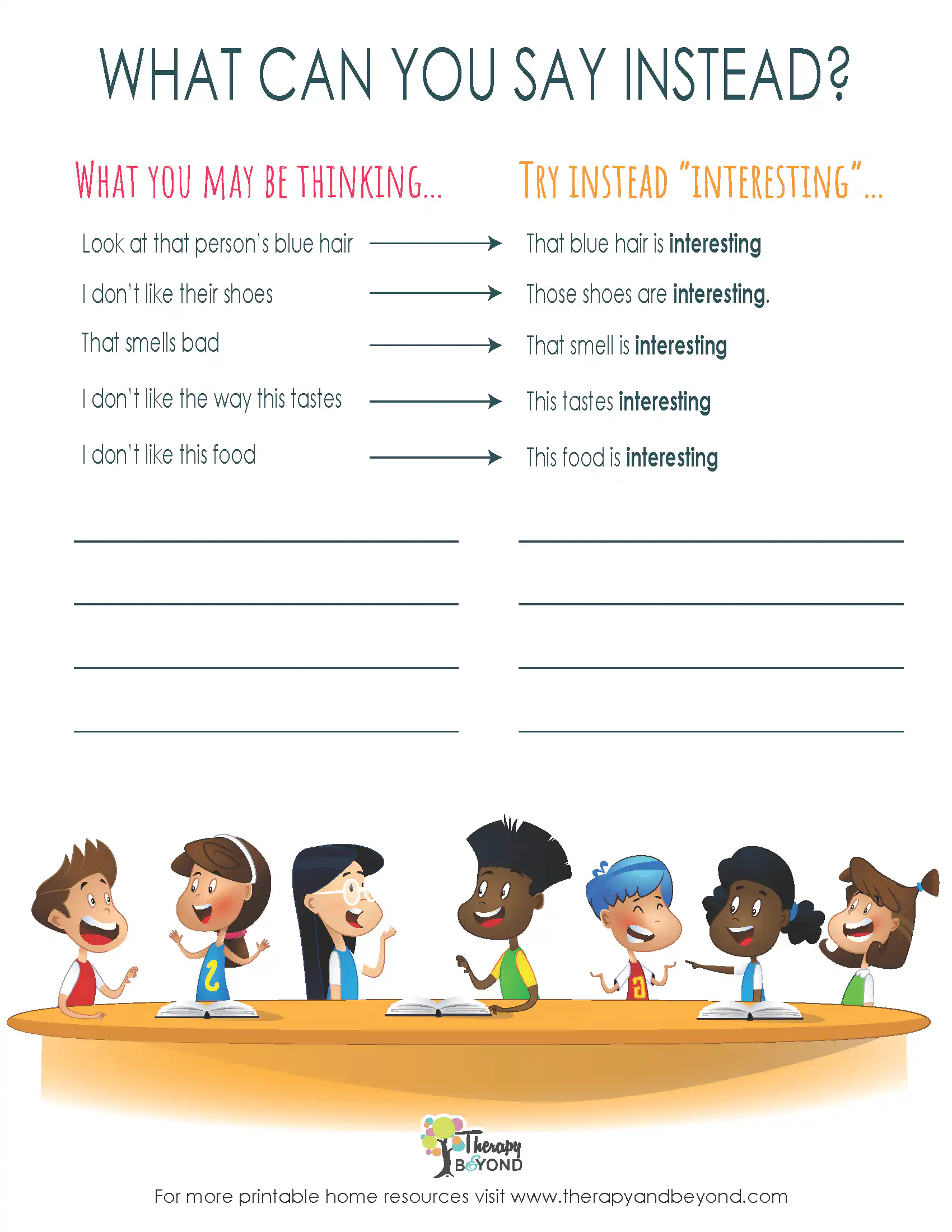 What can you say instead social communication worksheet for children by Therapy & Beyond
