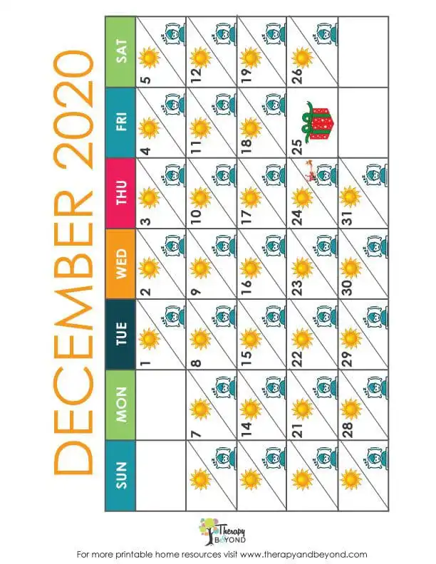 December 2020 visual calendar worksheet with daily weather symbols and holiday-themed activities for children by Therapy & Beyond