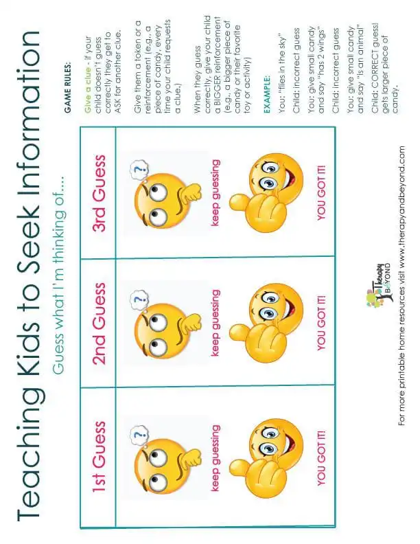 Teaching kids to seek information printable guessing activity worksheet by Therapy & Beyond