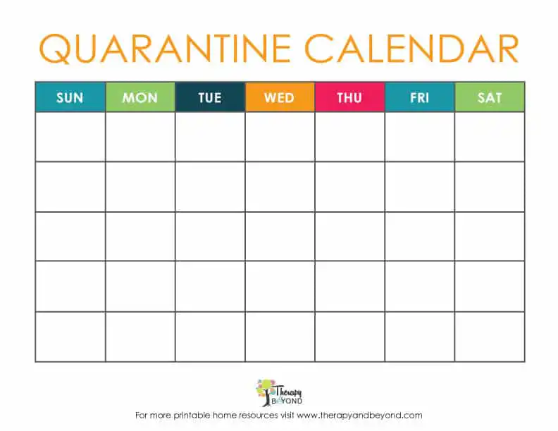 Quarantine calendar printable worksheet for children by Therapy & Beyond