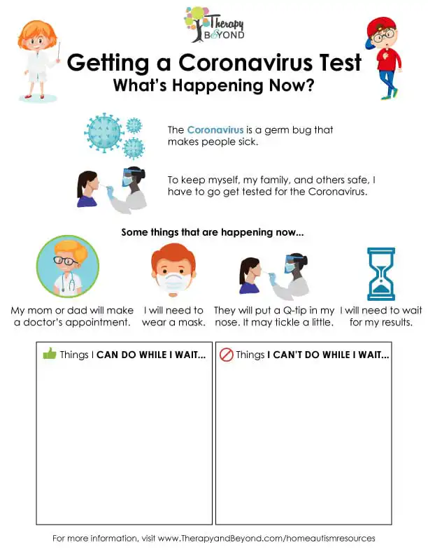 Getting a coronavirus test social story worksheet for children by Therapy & Beyond
