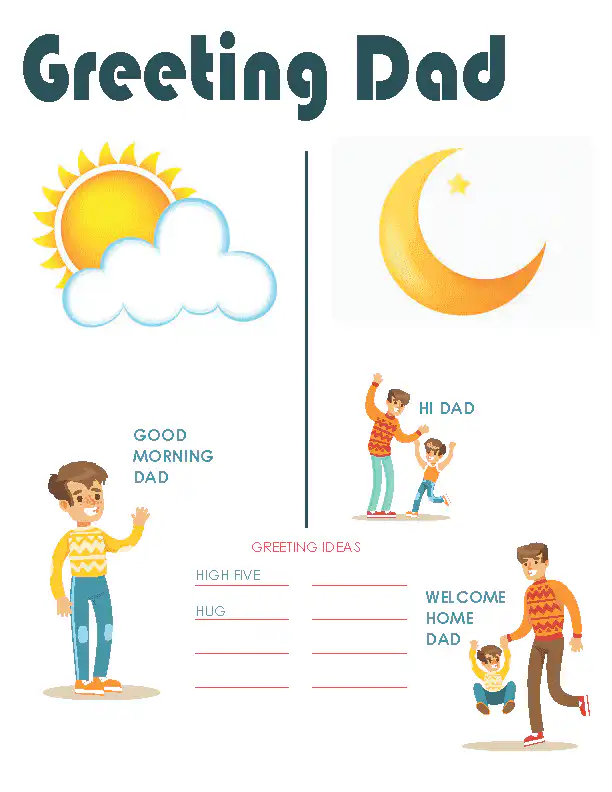 Greeting Dad printable social story activity worksheet for children by Therapy & Beyond