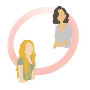 Illustration of a mother and child facing each other within a circular outline, representing parent-child communication and connection