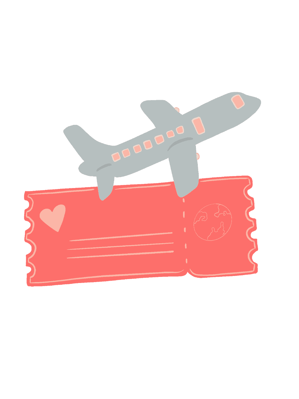 Travel illustration showing an airplane flying over a pink airline ticket with a heart and globe symbols